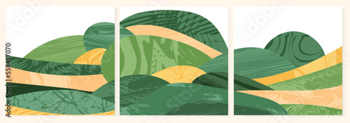 Green abstract agriculture field vector social media square post. Agro card template, farm presentation. Set of layout with nature theme. Minimalist shape, agri design. Field view, texture background