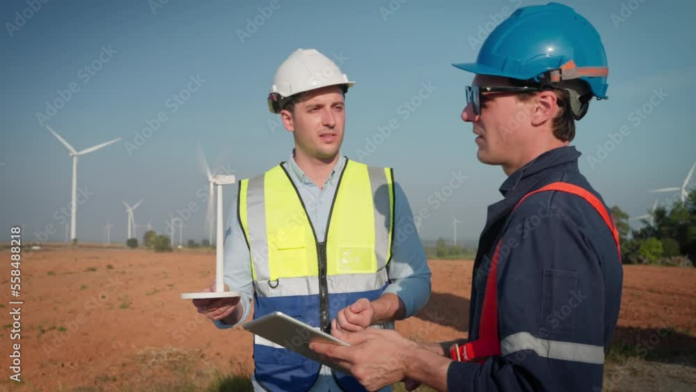 Two engineers men working at wind turbine farm. They discuss use tablet stand near wind turbines ecological energy industry power windmill field worker renewable energy. Clean energy concept. Two engineers men working at wind turbine farm. They discuss use tablet stand near wind turbines ecological energy industry power windmill field worker renewable energy. Clean energy concept.