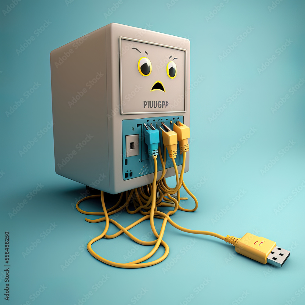 3d cartoon funny laptop humanized with wires disconnected. Generative AI 3d cartoon funny laptop humanized with wires disconnected. Generative AI