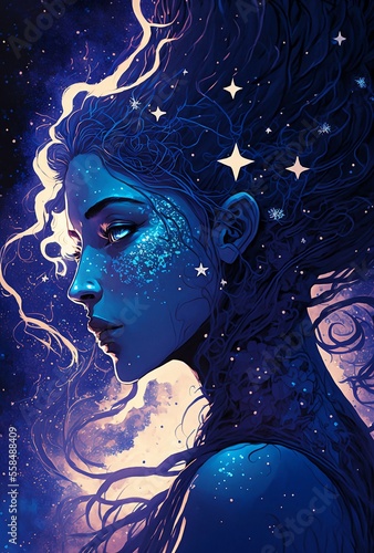 Beautiful girl with cosmic stars digital art