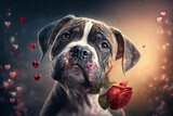Portrait von einem süßen Hund mit einer Rose im Mund zu Valentinstag 