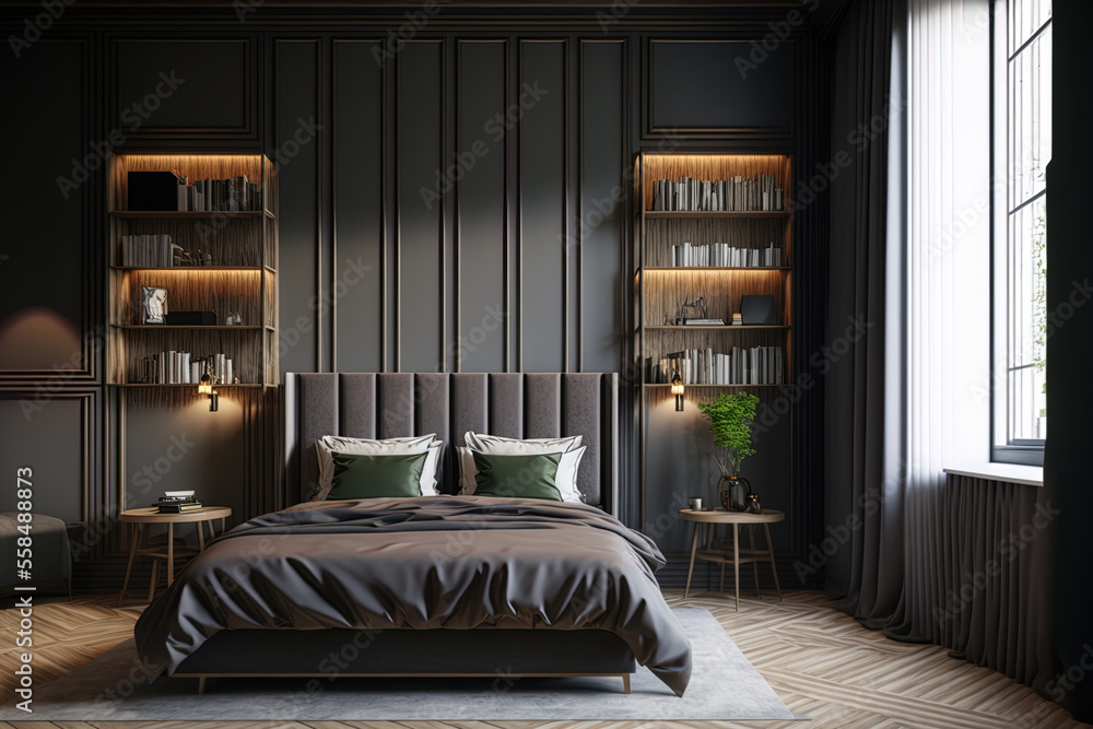 Interior of a luxurious bedroom with gray and wooden walls, a bookcase ...