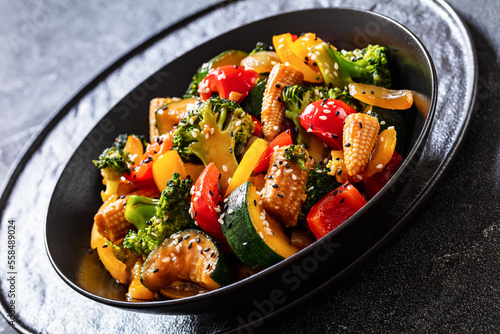 veggies stir-fry with thick soy based sauce