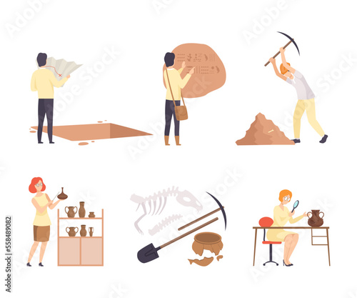Archaeologists study historical artifacts of ancient culture and doing historical researches set cartoon vector illustration