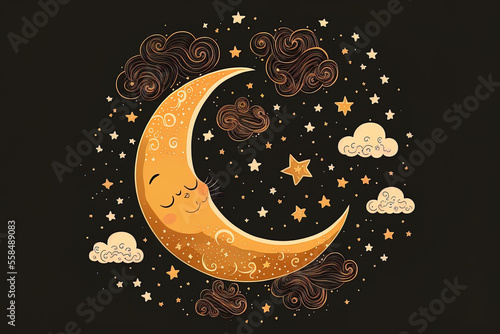 Golden Shiny Night Sky with Moon and Stars, Dreamy Night Sky for Sleeping. Cute moon with sleeping stars on a starry night. Children's and young children's illustration. Generative AI