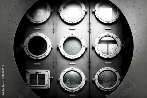 metal doors and portholes in a bunker, lab, or spacecraft. circular glass panes with a genuine steel frame, rivets, and secure door. Generative AI