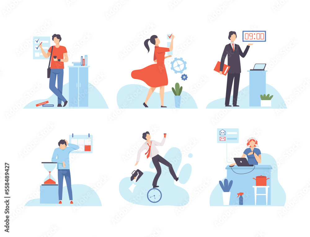 Business people planning rheir shedule to finish project in time set. Deadline, time management and business planning flat vector illustration Business people planning rheir shedule to finish project in time set. Deadline, time management and business planning flat vector illustration