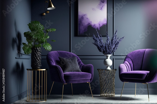 a dim space with accents. purple and lavender armchairs. The color of the year 2022 is quite peri. Modern interior design mockup that is trendy. Background is a blank black wall. Generative AI photo