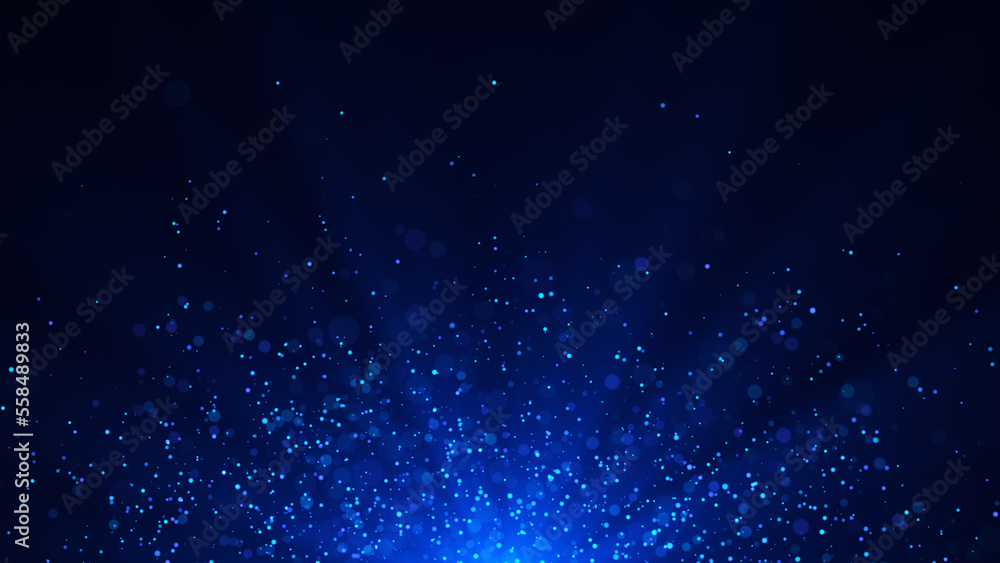 Abstract blue sun rise particles or star background. Mesh space or galaxy dust. Global digital futuristic technology. 3D rendering.