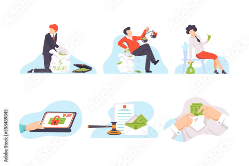 Business people taking cash bribes set. Corrupted business or financial crime flat vector illustration