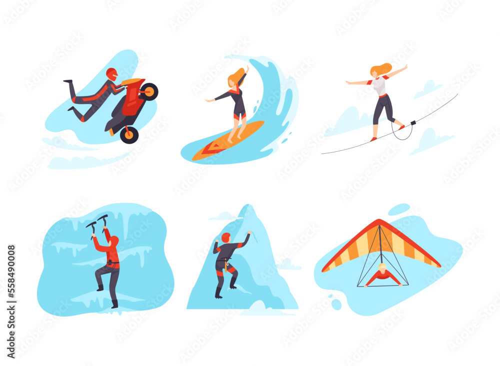 People performing extreme sports set. Slackline, motorcycling, surfing, paragliding, mountaineering flat vector illustration