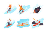People performing extreme sports set. Surfing, skydiving, skiing, kayaking, snowboarding flat vector illustration