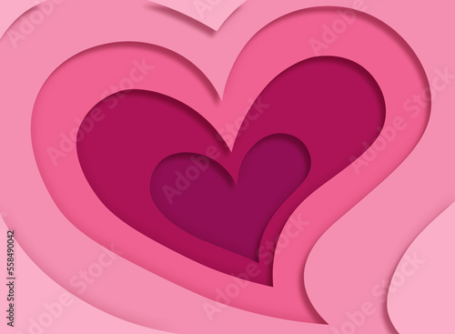Vector pink multi layered heart in paper craft art style. 3D Valentine's Day Card. Pink and pulple hearts set for Valentine's design template. Cute heart icon.
