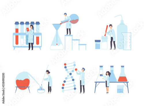Set of tiny scientists working working with lab scientific equipment in laboratory flat vector illustration