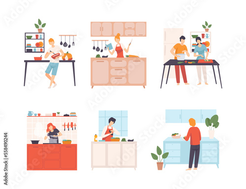 Set of people cooking in kitchen. Young women and men cooking and baking tasty healthy meal at home cartoon vector illustration