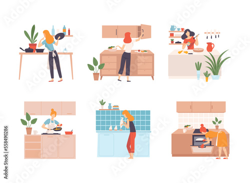 Set of people cooking in kitchen. Young women cooking tasty healthy dishes at home cartoon vector illustration