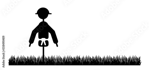 Scarecrow on pole and grass. Stickman, stick figure man on pole. Scarecrow Day on July 5th. Vector scarecrows icon or symbol. Halloween and scaring away birds. Strawman or straw man. Bird scarer.