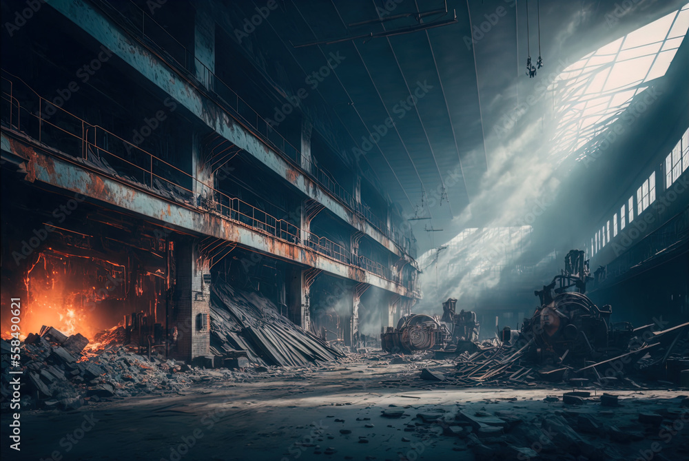 A giant metal factory with molten metal being worked on.