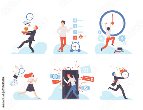 Stressed business people working overtime at deadline set. People feeling stress at work. Deadline, time management and business planning flat vector illustration photo