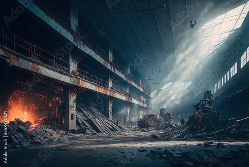 A giant metal factory with molten metal being worked on.