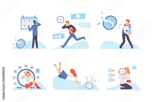 Stressed business people working overtime at deadline set. Office workers rushing to do work on time. Deadline, time management and business planning flat vector illustration
