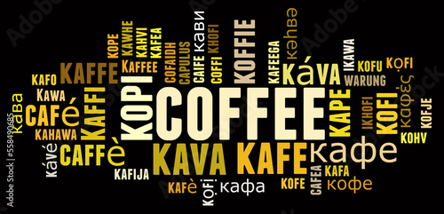 Coffee in different languages word cloud concept on black