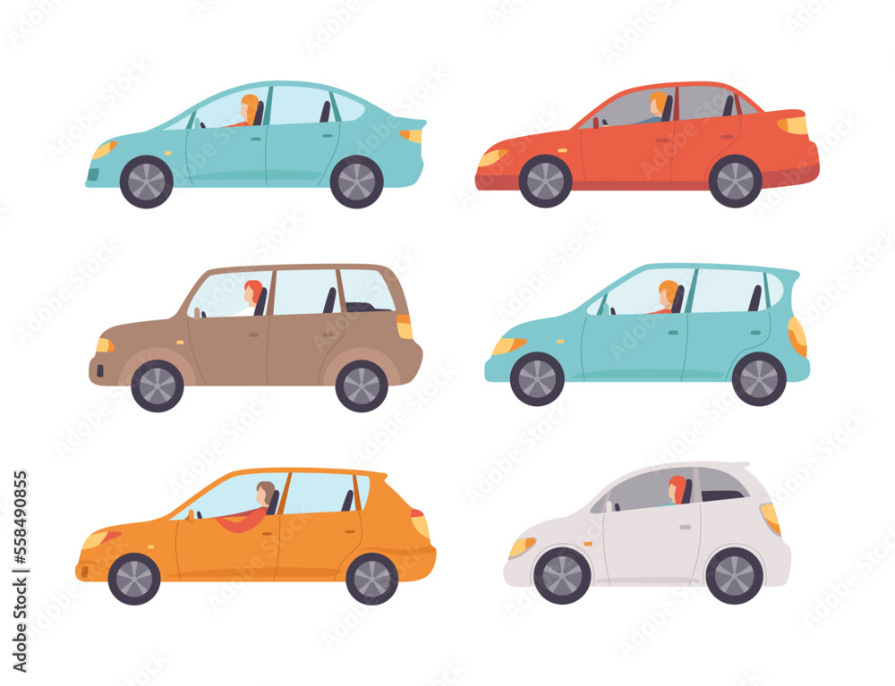 People driving cars set. Side view of driver's sitting in sedan car flat vector illustration