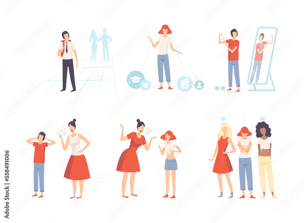Teenage puberty problems set. Problems with parents, stress at school, bullying flat vector illustration Teenage puberty problems set. Problems with parents, stress at school, bullying flat vector illustration