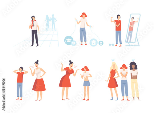Teenage puberty problems set. Problems with parents, stress at school, bullying flat vector illustration