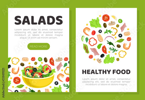 Salads healthy food mobile app templates set. Organic healthy natural food web banner, card cartoon vector