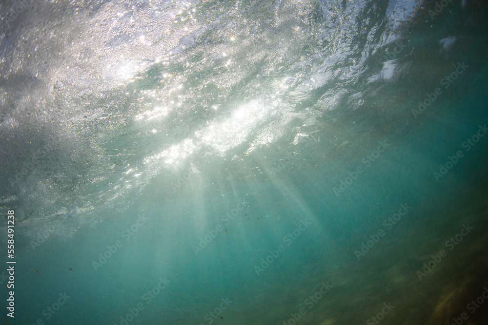 Beautiful sunlight rays under the water surface.