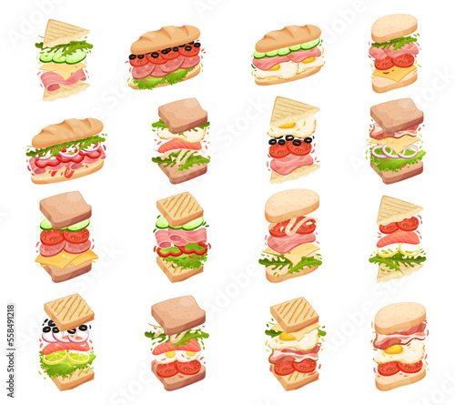 Set of sandwiches with different ingredients. Sliced bread, veggies, sausage, cheese and greenery cartoon vector