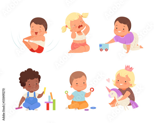 Toddler baby in everyday activities set. Adorable boys and girls playing toys, crying cartoon vector illustration