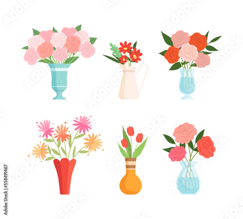 Set of flower bouquets. Tulip, peony bright summer blooming flowers in vases cartoon vector illustration
