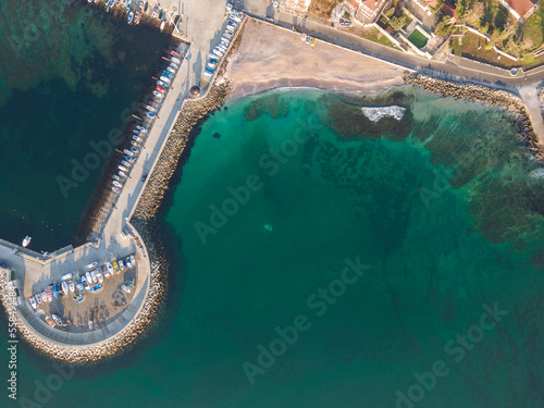 Aerial Sunrise view town of Pomorie, Bulgaria