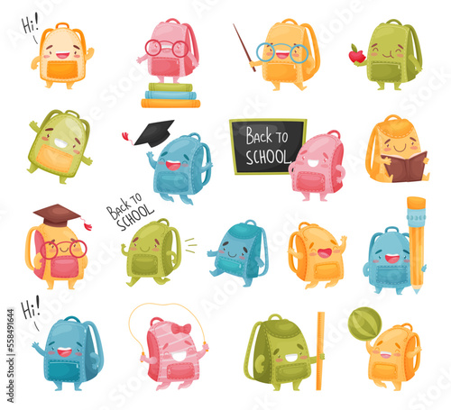 Cute funny school bag characters set. Backpacks with smiling friendly faces with school supplies cartoon vector