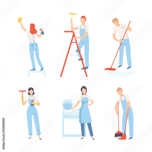 Set of cleaning company staff. Male and female workers in overalls working with cleaning equipment cartoon vector illustration