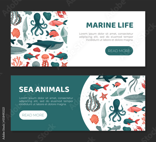 Marine life landing page templates set. Sea animals, underwater wild life horizontal web banners cartoon vector