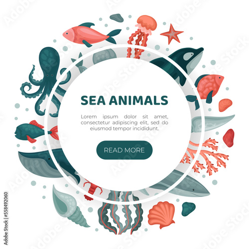 Sea animals web banner template. Underwater wild life, marine world landing page, website cartoon vector