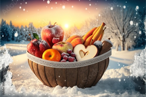 Valentines Day fruit basket in winter snow landscape, ,copyspace text,generative ai background with print space text © DRINK- FOOD Mania