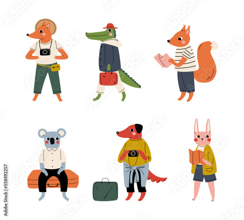 Set of wild animals tourists travelling on summer vacation. Fox, crocodile, squirrel, koala, dog, rabbit, bunny travellers with luggage going on trip or vacation cartoon vector