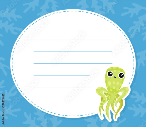 Memo card decorated with cute octopus. Notebook, diary, stationery, organizer page, sticker cartoon vector