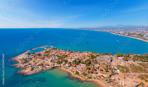 Aerial top view ancient Side town, Antalya Province, Turkey drone photo