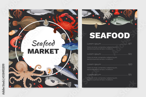 Seafood market menu template set. Fresh seafood restaurant, market, store flyer, leaflet, brochure template cartoon vector il