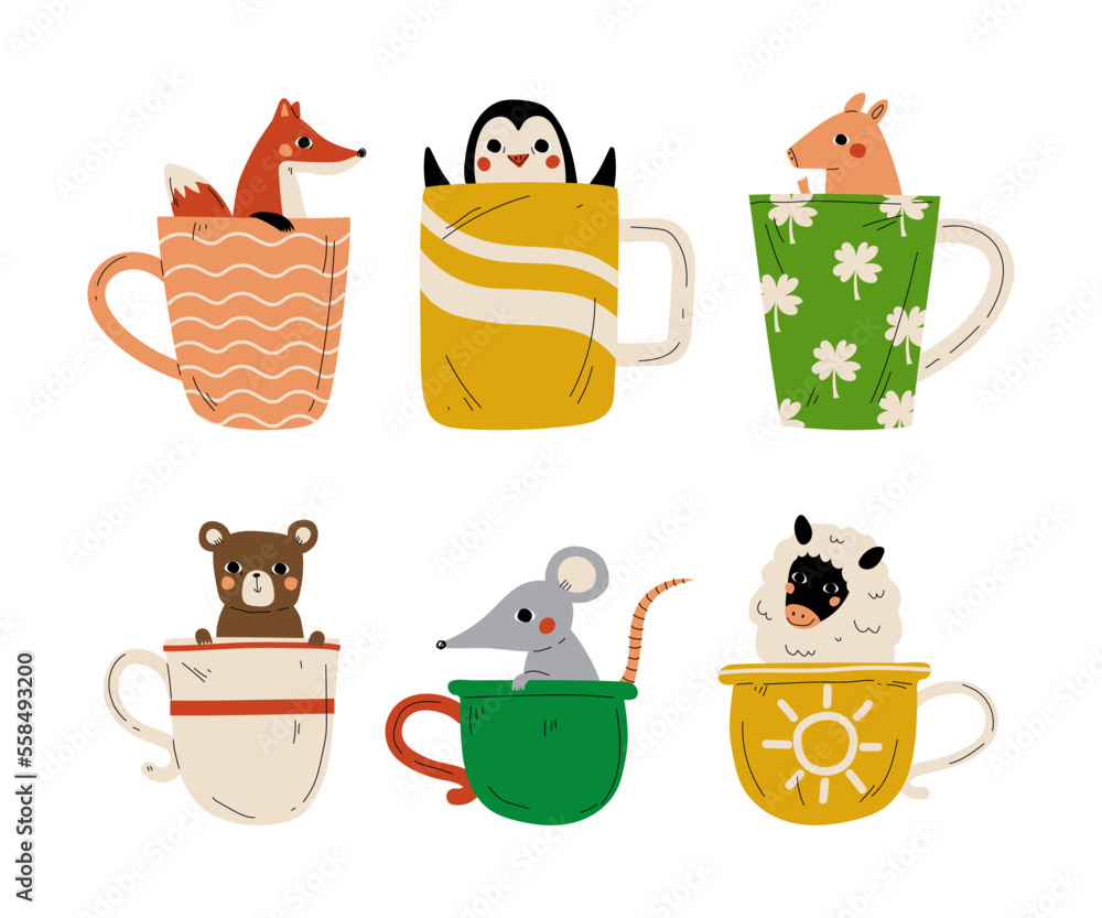 Cute baby animals sitting inside cups set. Adorable fox, penguin, piglet, bear, rat, lamb in cup cartoon vector illustration Cute baby animals sitting inside cups set. Adorable fox, penguin, piglet, bear, rat, lamb in cup cartoon vector illustration