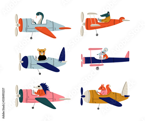 Cute animals pilots flying on airplanes set. Snake, crocodile, bear, mouse, hedgehog, squirrel piloting retro plane cartoon vector illustration