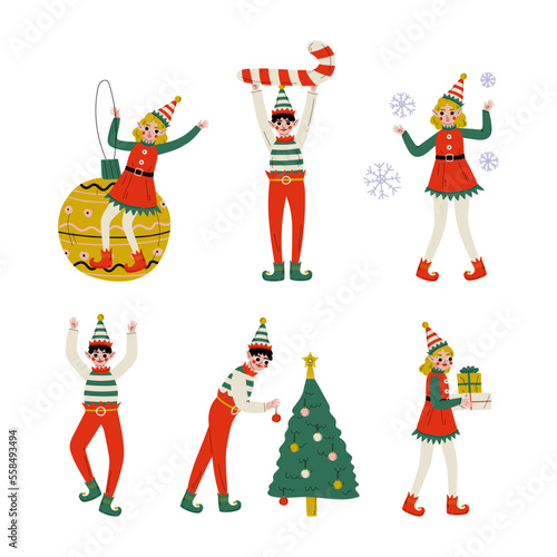 Boys and girls Christmas elf characters Set. Cute Santa Claus helpers decorated fir tree, holding gift boxes cartoon vector illustration