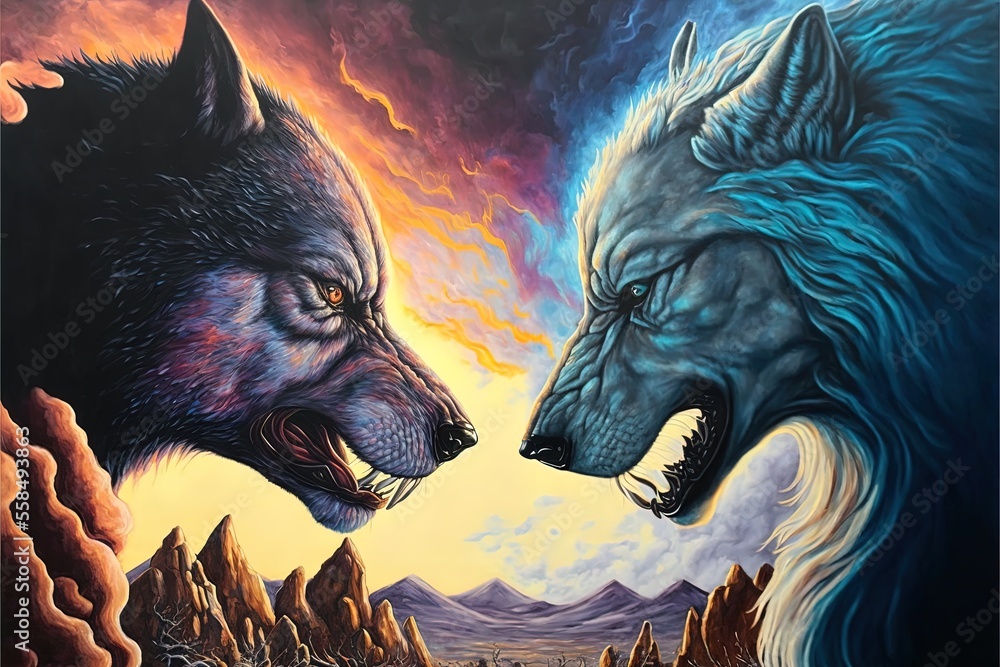 Old Cherokee Story: An AI Generated Illustration of Two Wolves in Oil ...