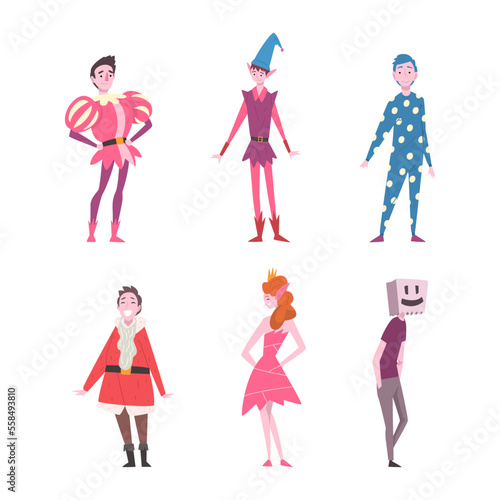 Set of men and women in funny costumes. Adult people dressed as Santa Claus, elf, princess cartoon vector illustration