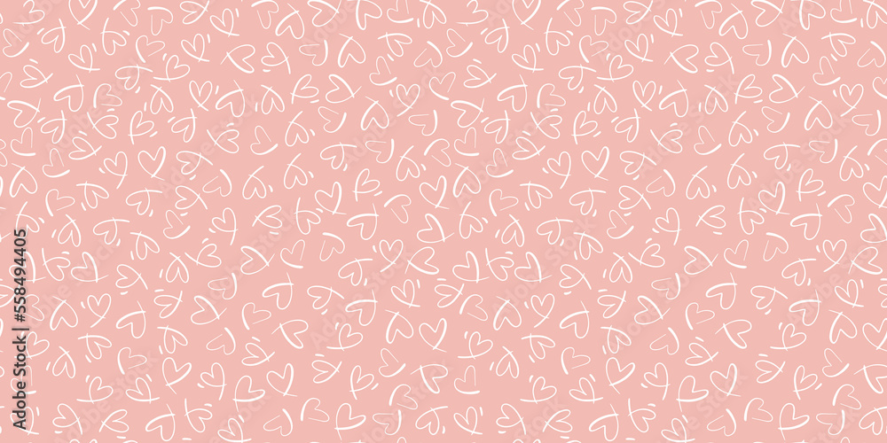 Seamless vector pattern with small hearts. Vector repeating texture with white linear heart on pink background. Repeatable backdrop with hand drawn tiny hearts. Seamless vector pattern with small hearts. Vector repeating texture with white linear heart on pink background. Repeatable backdrop with hand drawn tiny hearts.